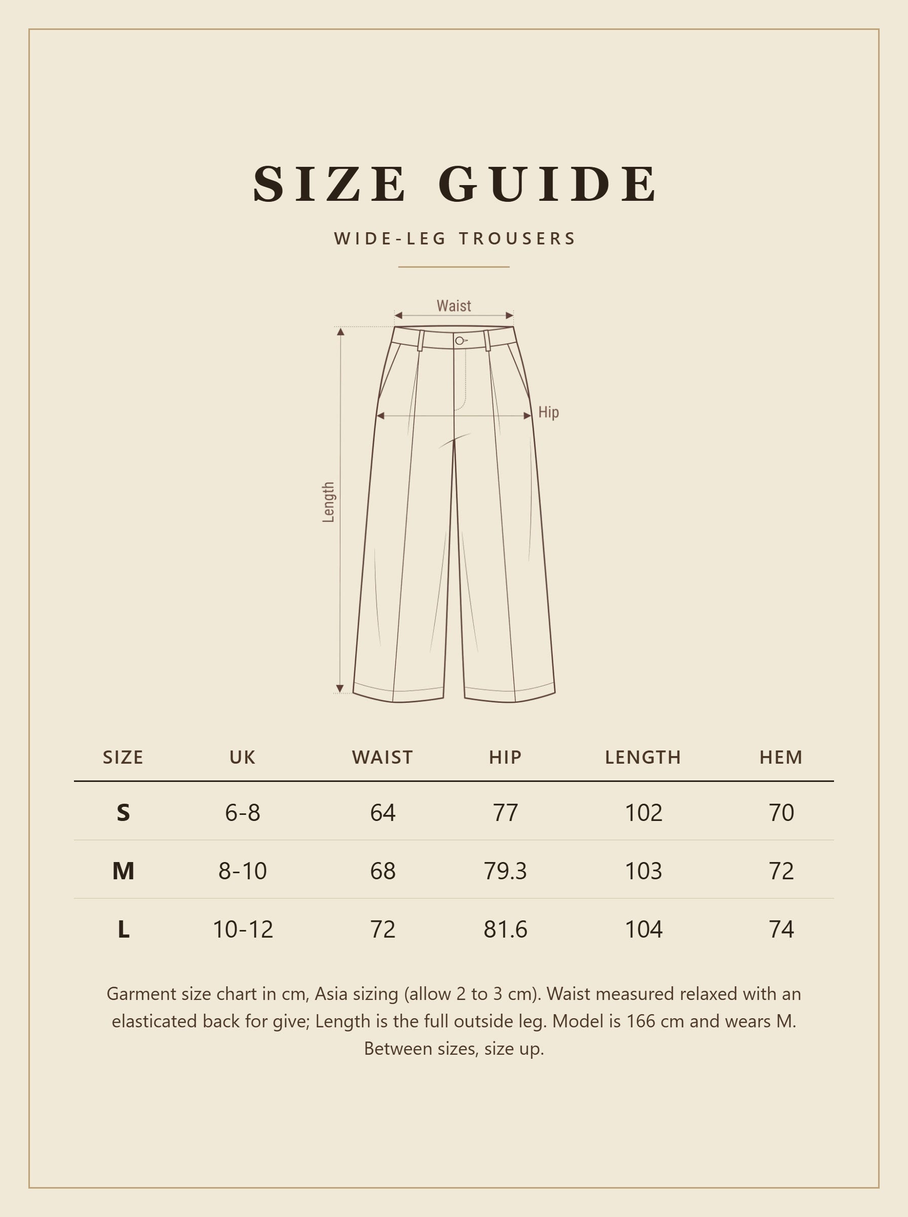 Winsley wide-leg trousers size guide with waist, hip, length and hem measurements in cm