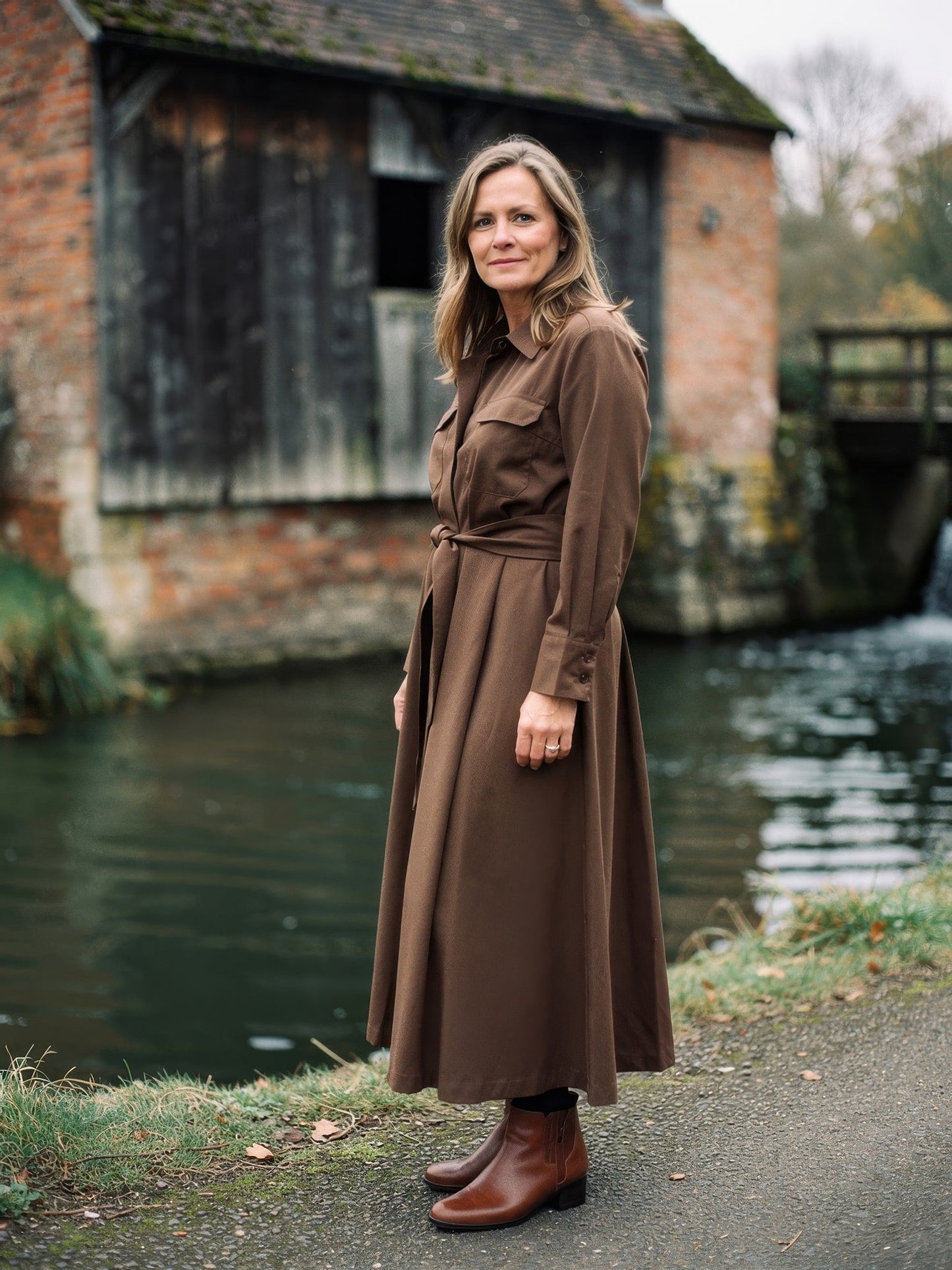 Womens belted midi shirt dress in walnut brown, worn three-quarter view