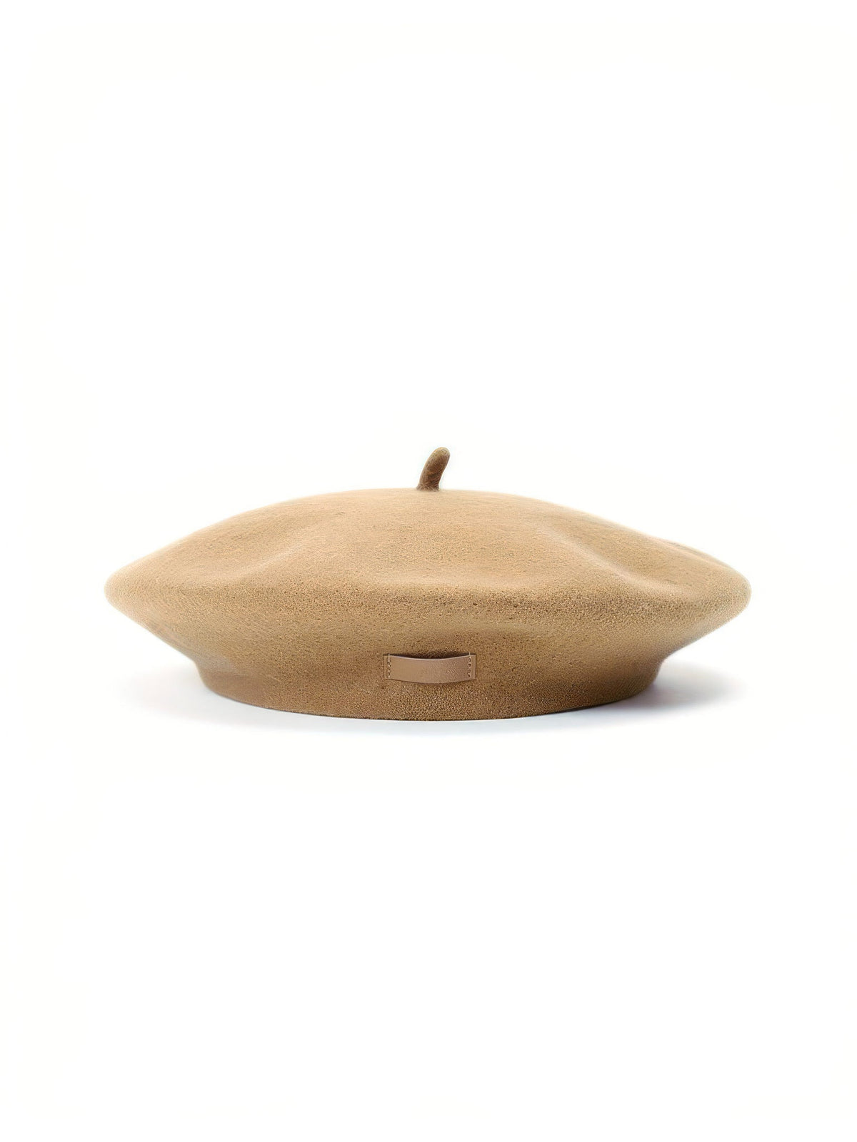 Womens beret hat in Butterscotch camel felt, side view with topknot