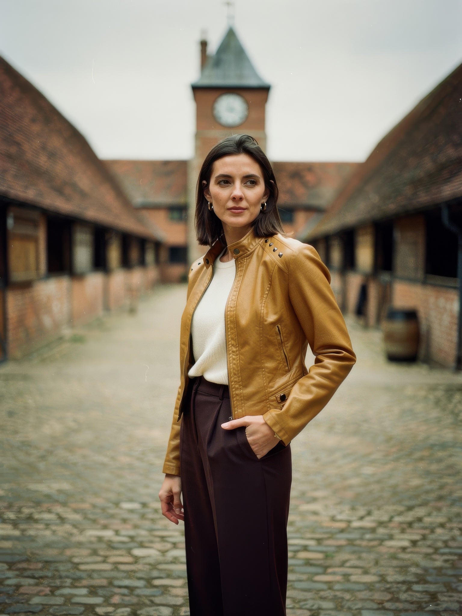 Cropped camel faux leather biker jacket worn in a stable yard