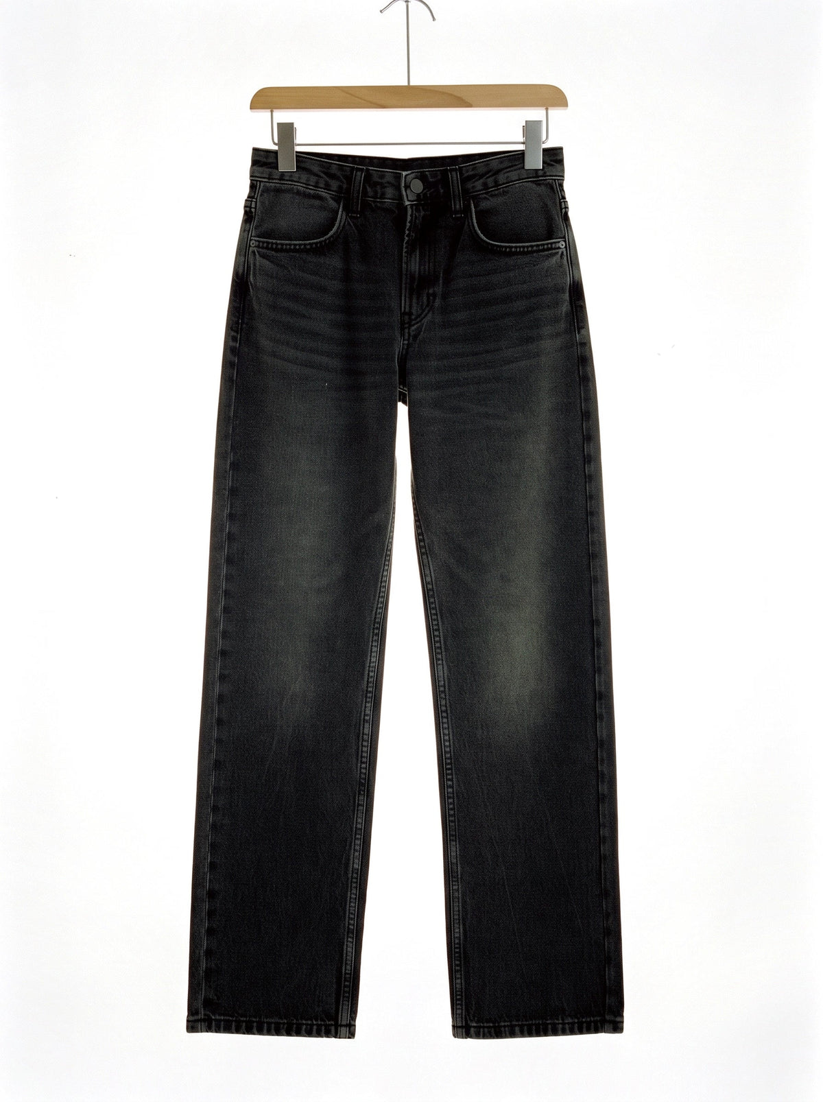 Black jeans in Faded Black on a hanger, high-rise straight leg, front view