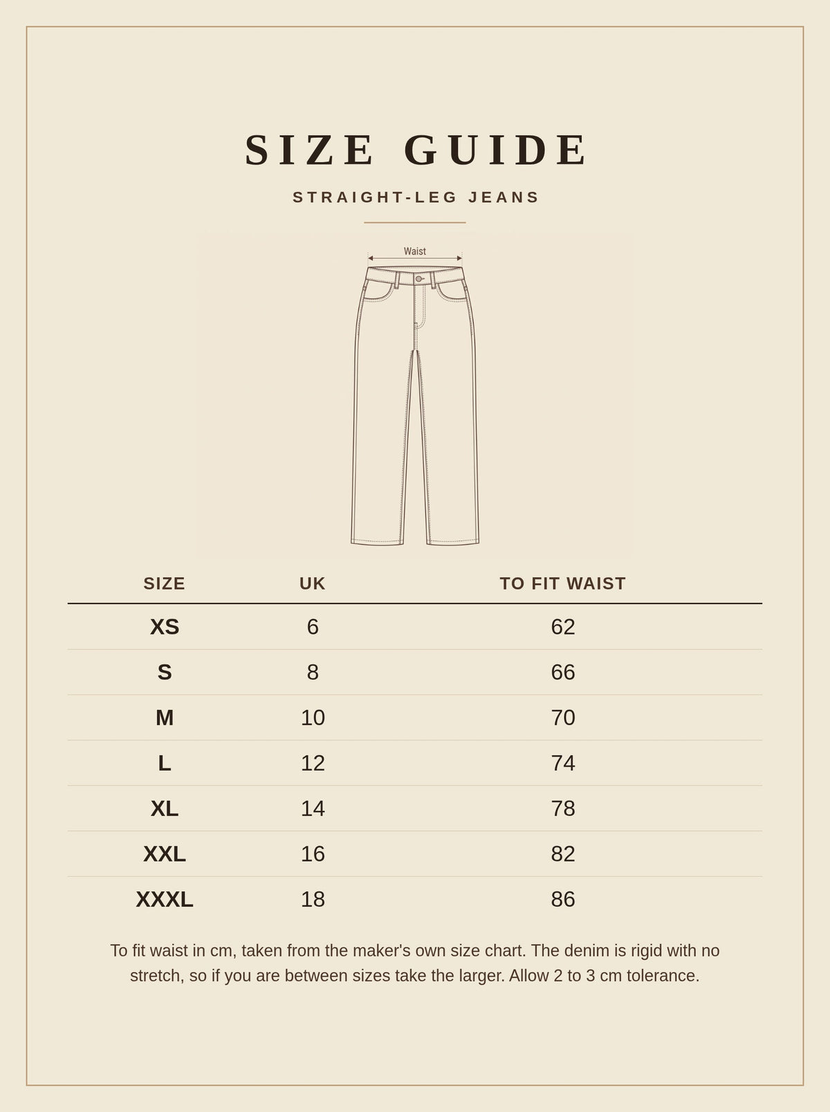 Size guide for the high-rise straight-leg black jeans, UK 6 to 18