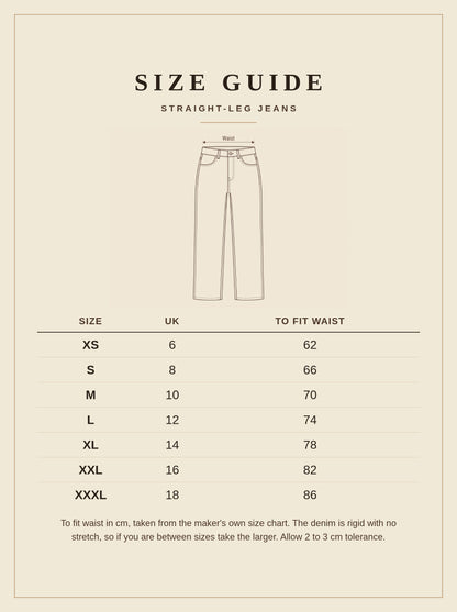 Size guide for the high-rise straight-leg black jeans, UK 6 to 18
