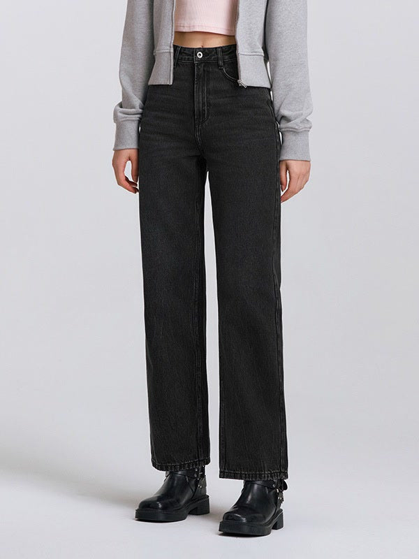 Black jeans in Faded Black worn with ankle boots, full length straight leg