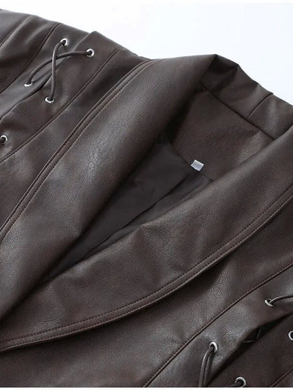 Shawl collar and lining detail of the Hazleton womens brown faux leather jacket