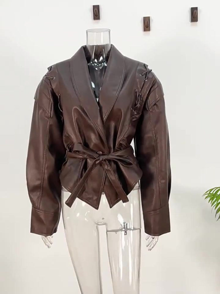 Full front view of the Hazleton womens brown faux leather jacket in Tobacco