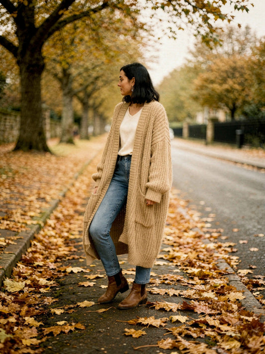Woman wearing a camel longline chunky rib cardigan open over jeans on an autumn avenue