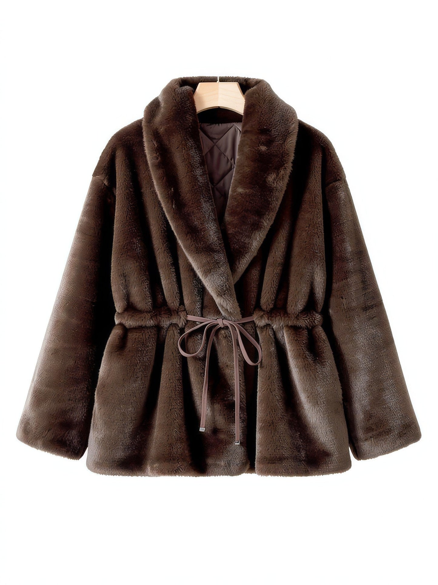 Chocolate brown faux fur coat with a shawl collar on a hanger, front view