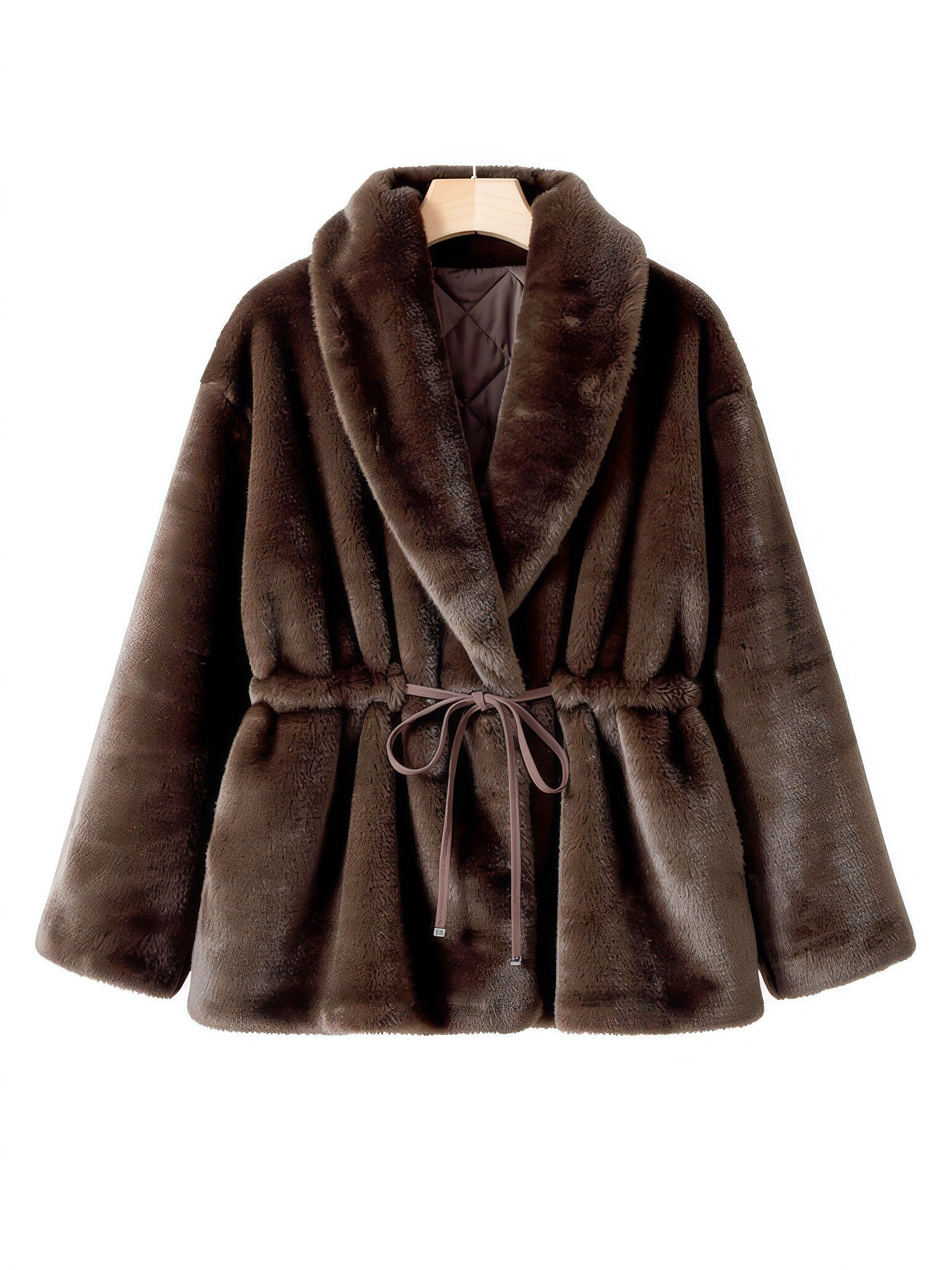 Chocolate brown faux fur coat with a shawl collar on a hanger, front view