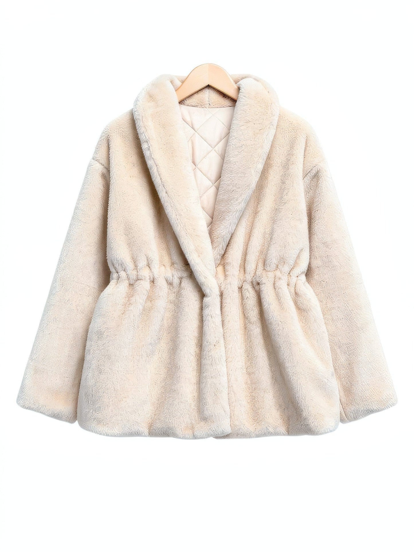 Cream faux fur coat with a shawl collar and drawstring waist on a hanger, front view