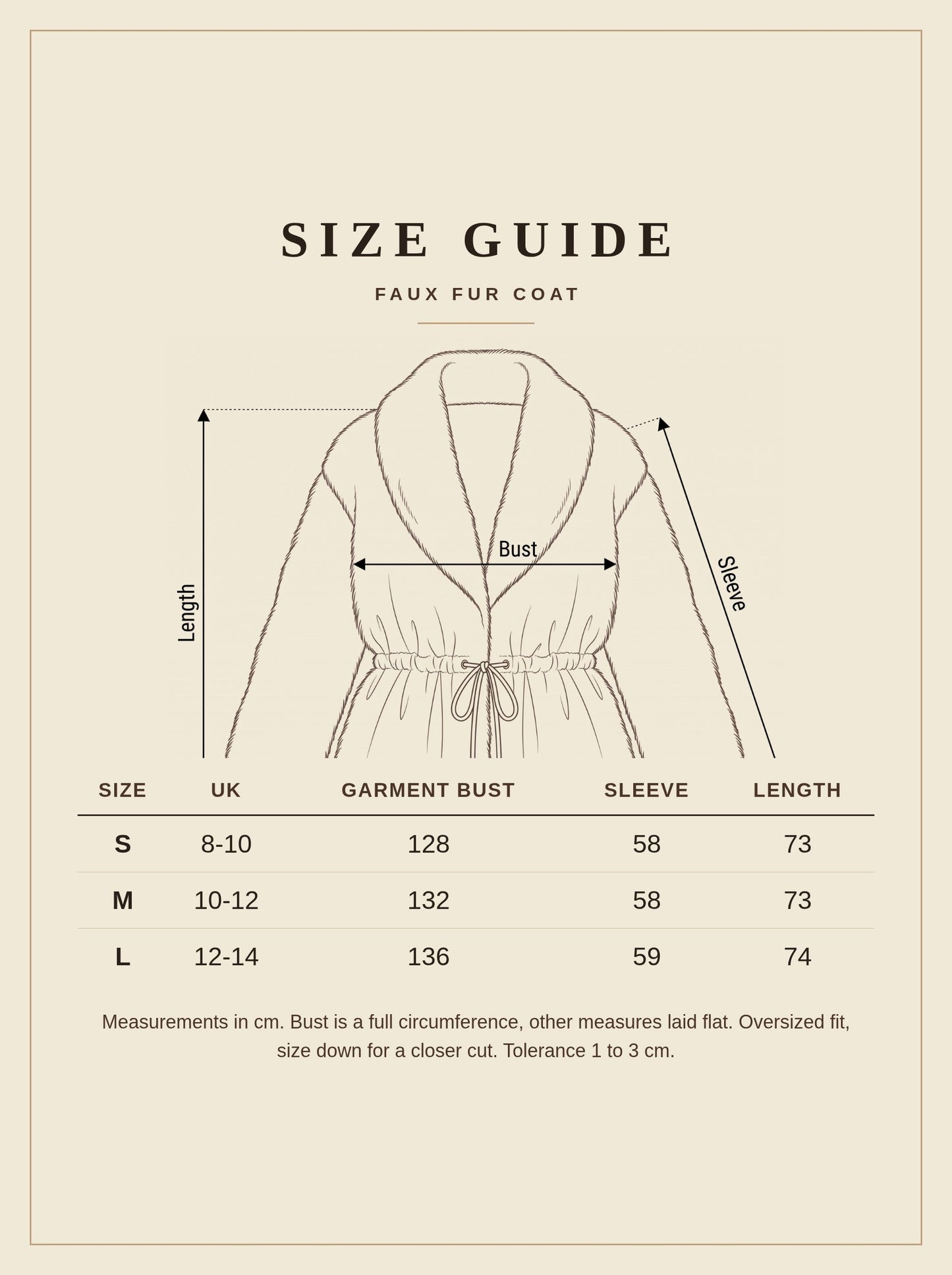 Faux fur coat size guide with garment measurements in centimetres