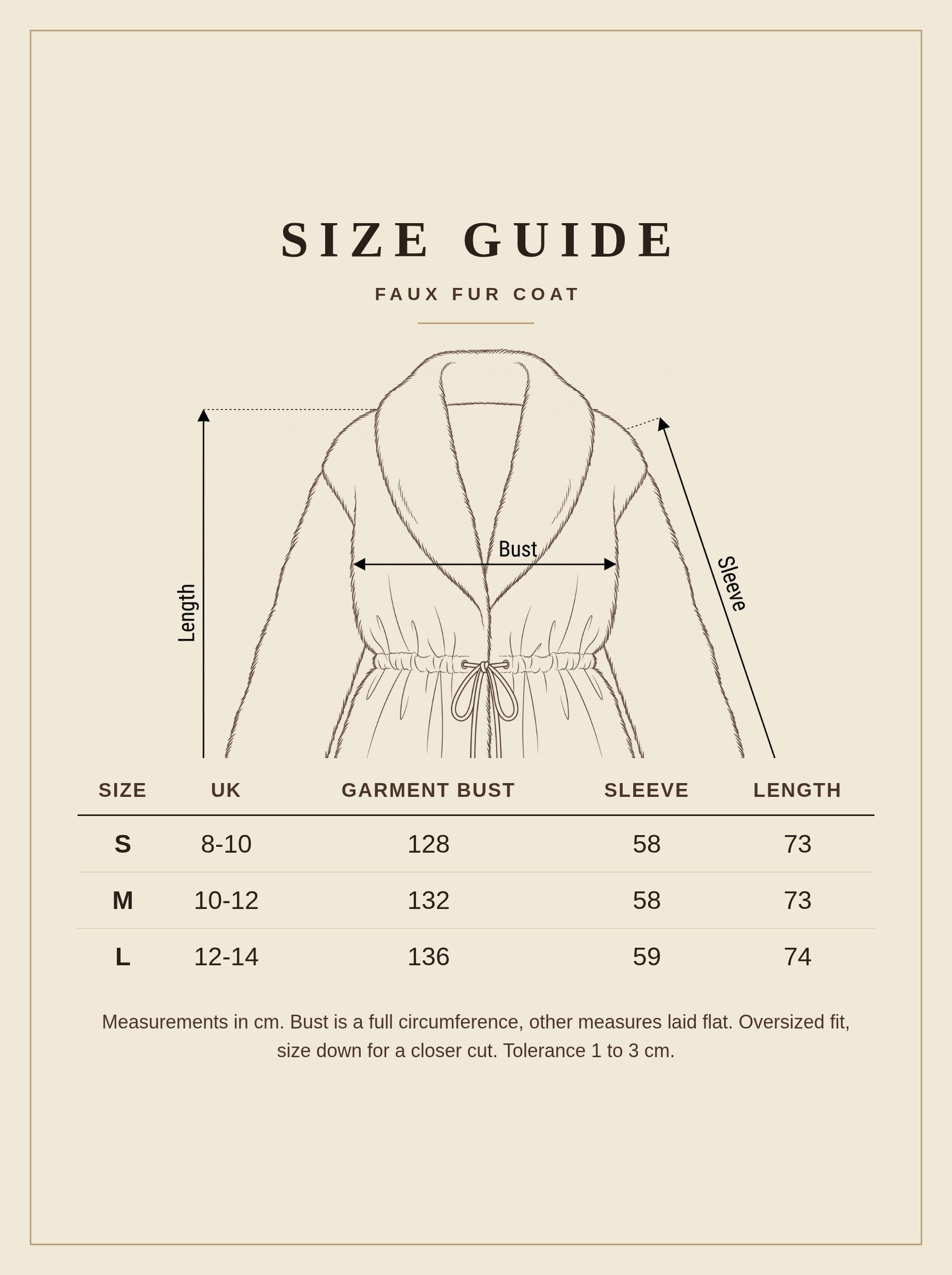 Faux fur coat size guide with garment measurements in centimetres