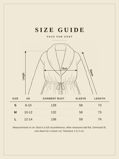 Faux fur coat size guide with garment measurements in centimetres