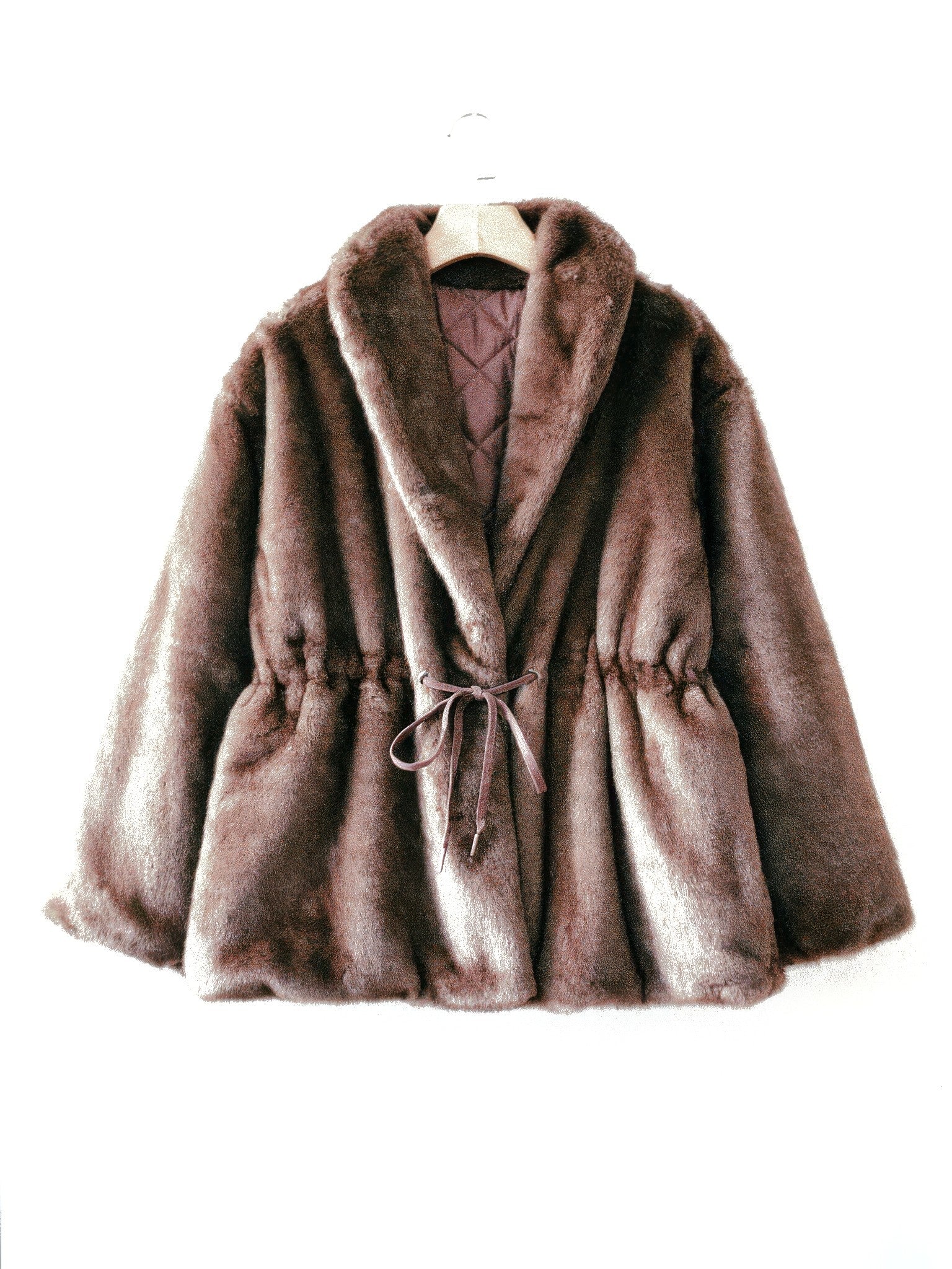 Taupe faux fur coat with a shawl collar on a hanger, front view
