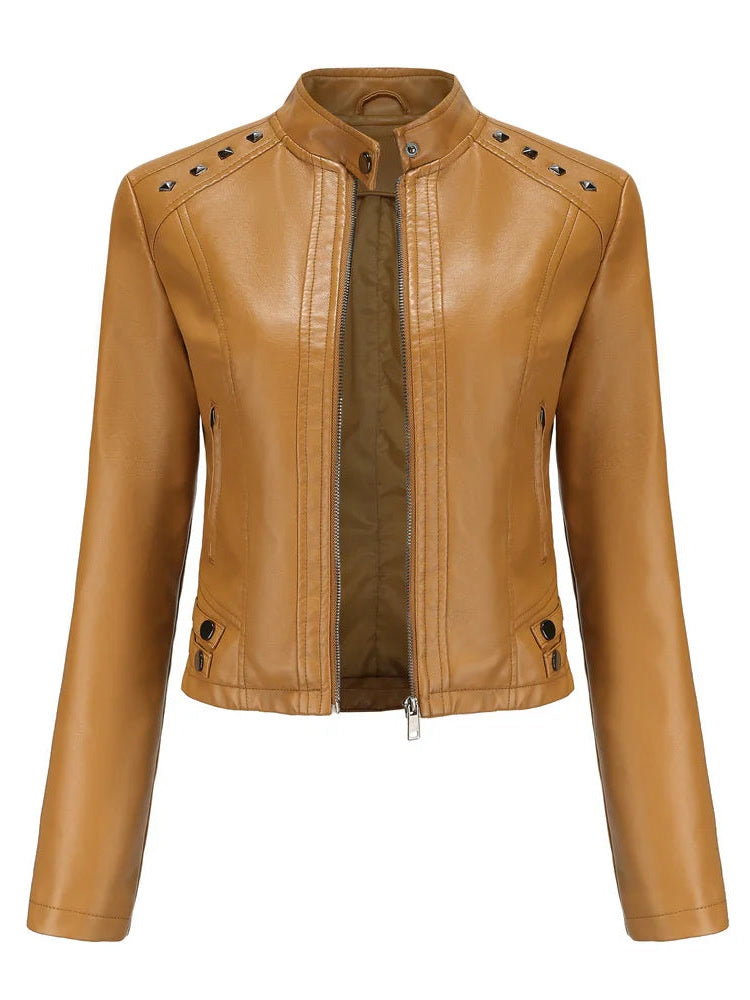 Womens faux leather biker jacket in camel, front view