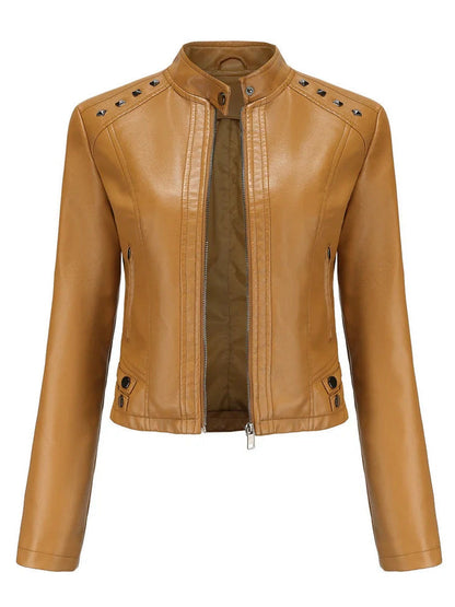 Womens faux leather biker jacket in camel, front view