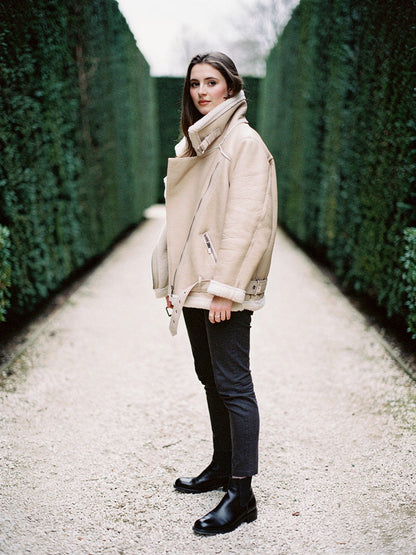 Womens faux shearling aviator jacket worn with the collar zipped up in Calico, Batsford by Harlbury