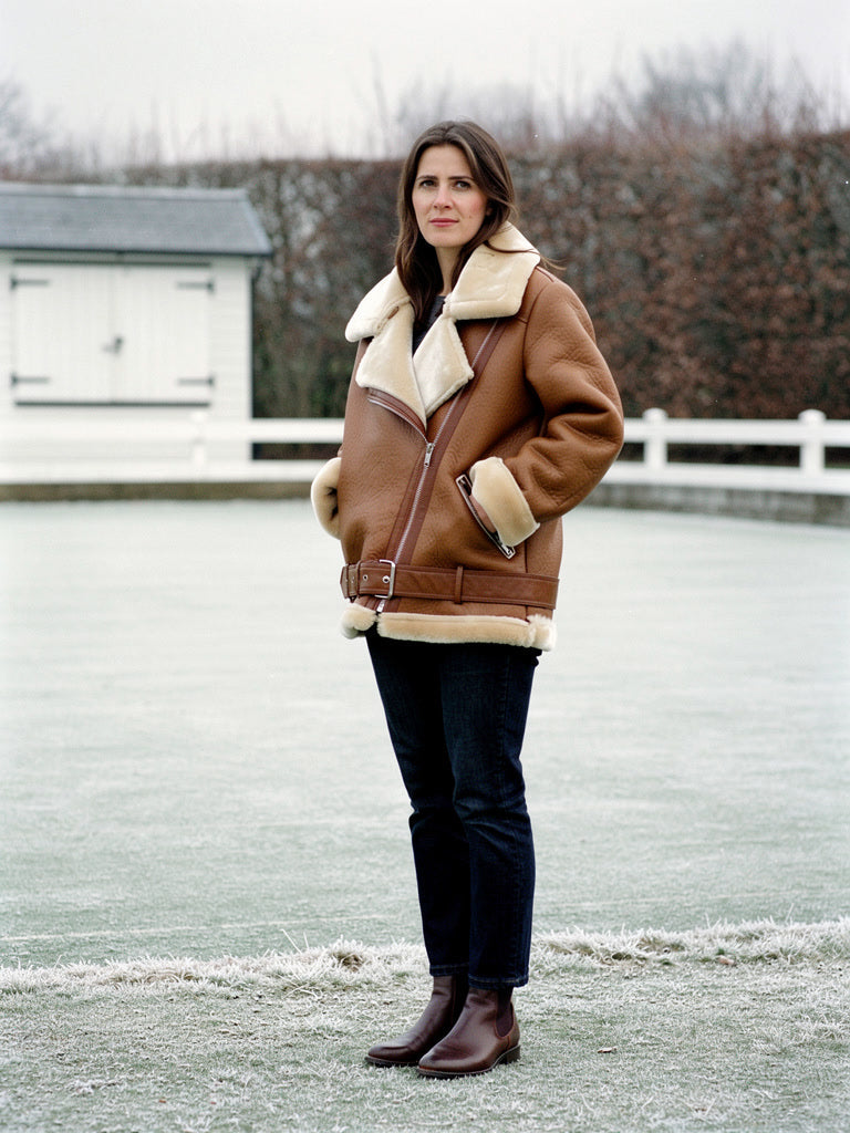Womens faux shearling aviator jacket worn open with its wide borg collar in Pecan, Batsford by Harlbury