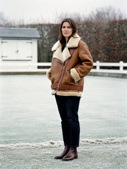 Womens faux shearling aviator jacket worn open with its wide borg collar in Pecan, Batsford by Harlbury