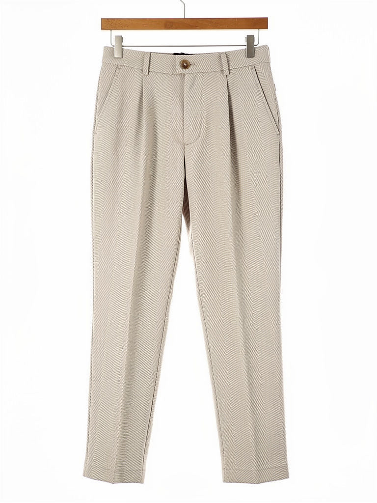 Oat herringbone twill high-waisted tapered trousers on a hanger, front view
