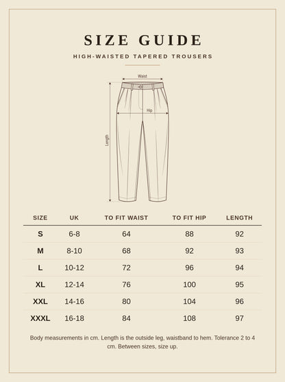 Size guide for the Rushmere high-waisted tapered trousers, UK 6 to 18