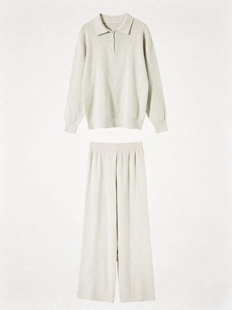 Womens knitted co-ord set in Chantilly, polo neck jumper and wide leg trousers laid flat