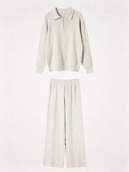 Womens knitted co-ord set in Chantilly, polo neck jumper and wide leg trousers laid flat