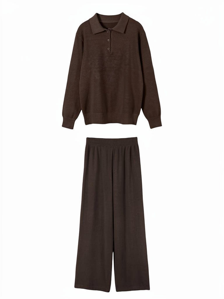 Womens knitted co-ord set in Conker, polo neck jumper and wide leg trousers laid flat