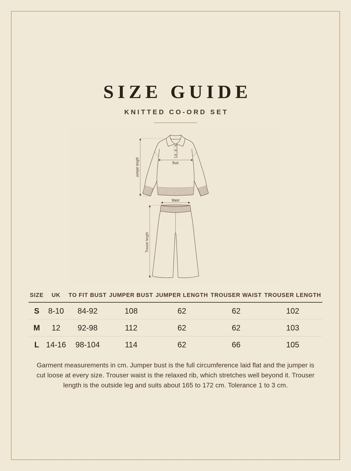 Size guide for the womens knitted co-ord set, sizes S to L, UK 8 to 16