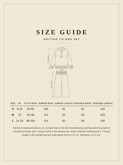 Size guide for the womens knitted co-ord set, sizes S to L, UK 8 to 16