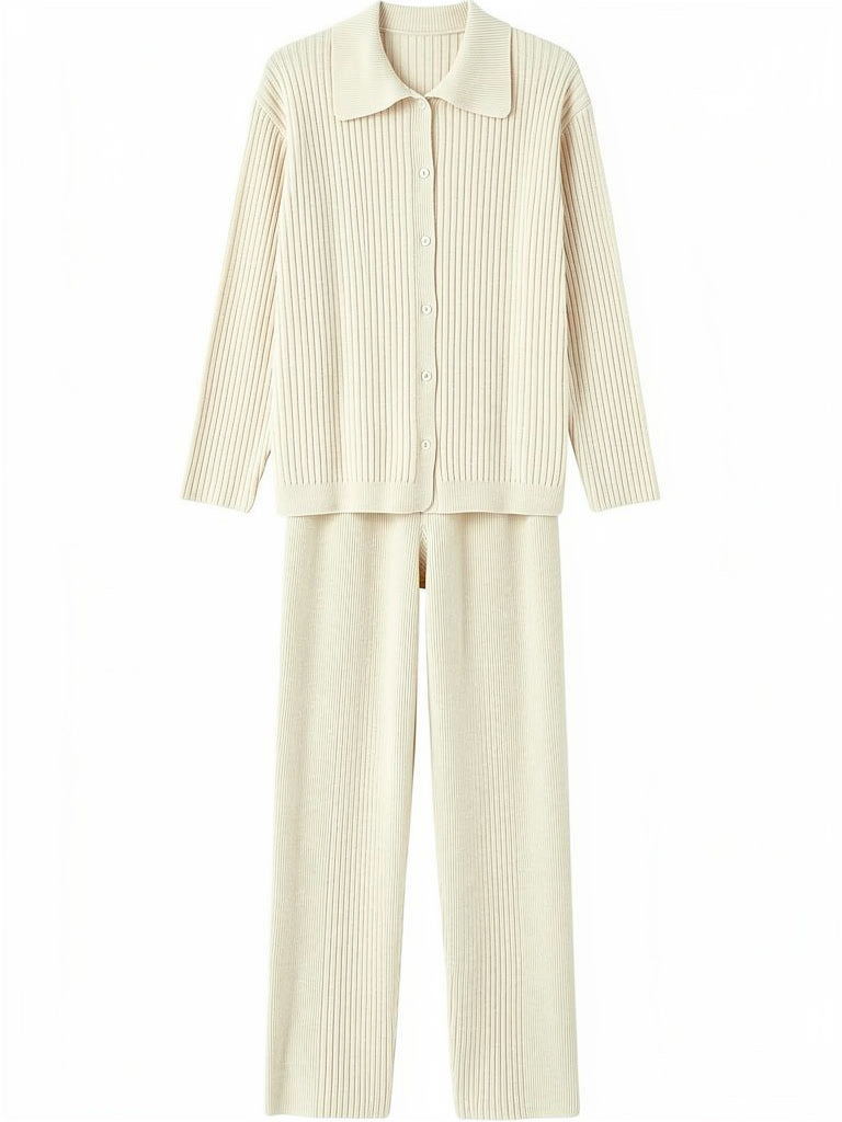 Ribbed shirt cardigan and wide leg trousers of the Arrowroot knitted lounge set, laid flat