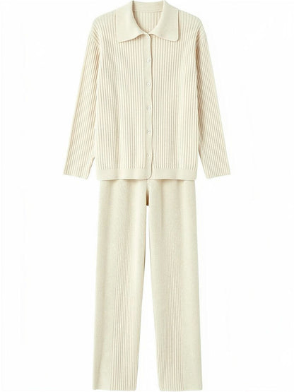 Ribbed shirt cardigan and wide leg trousers of the Arrowroot knitted lounge set, laid flat