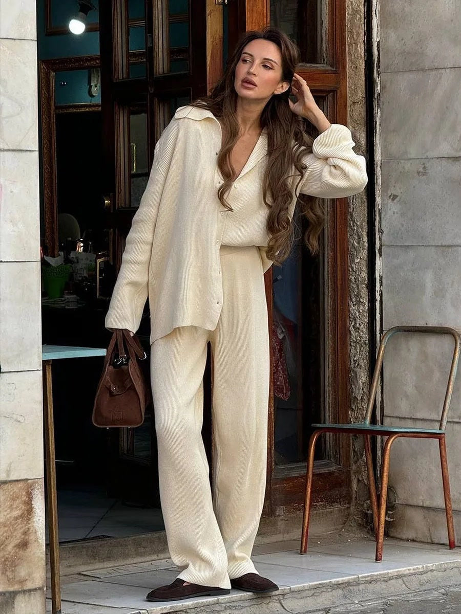 Womens knitted lounge set in Arrowroot, wide leg knitted trousers worn full length