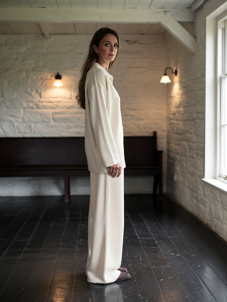 Womens knitted lounge set in Arrowroot, ribbed shirt cardigan and wide leg trousers worn together