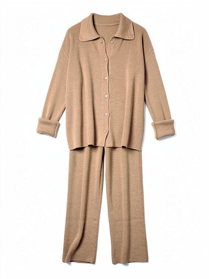Ribbed shirt cardigan and wide leg trousers of the Cobnut knitted lounge set, laid flat