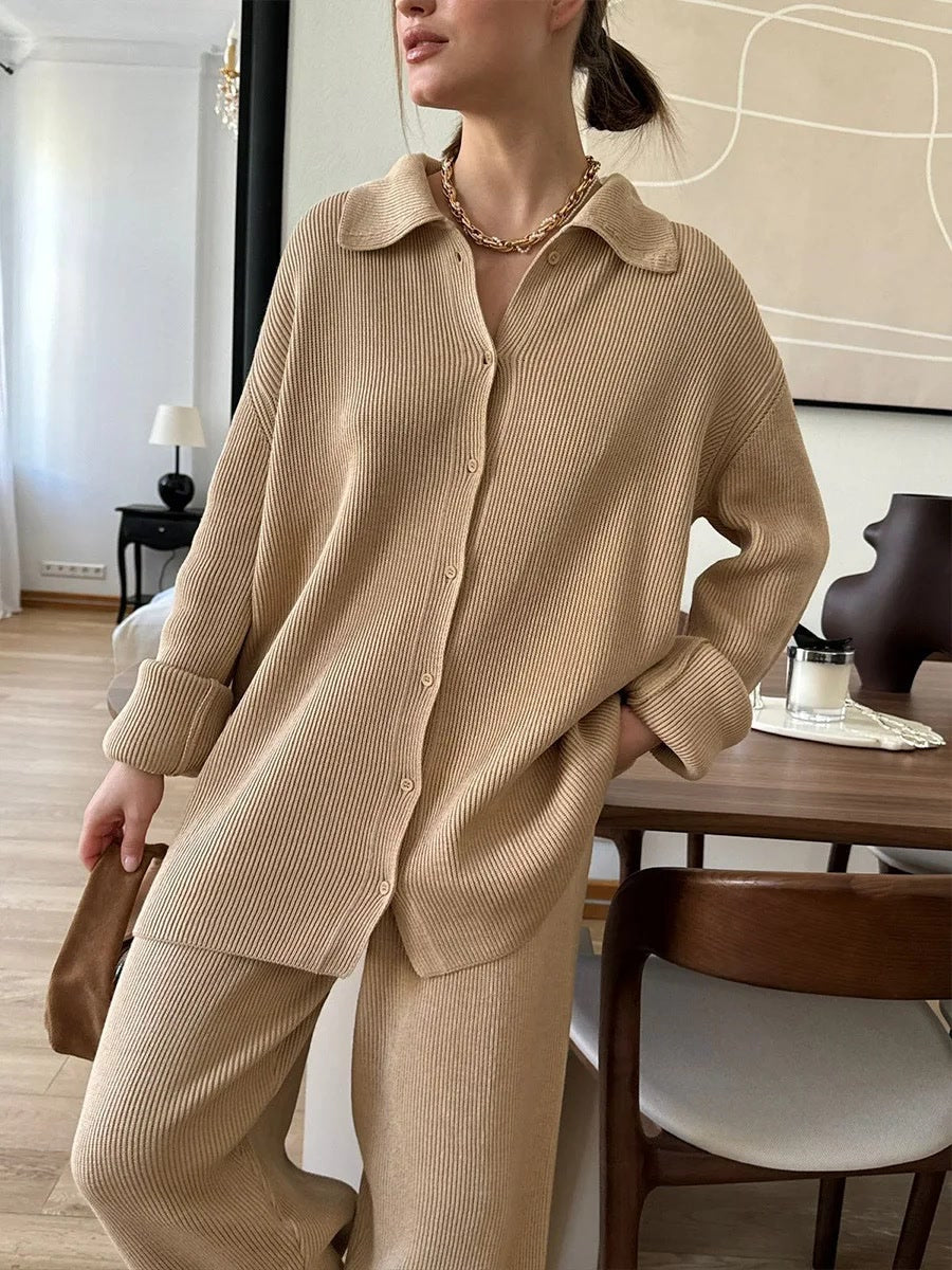 Womens knitted lounge set in Cobnut worn with the shirt cardigan buttoned