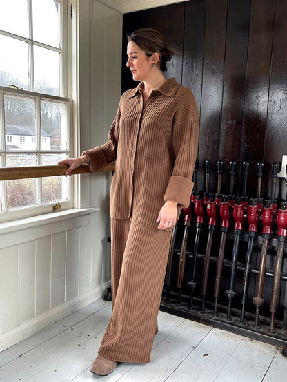 Womens knitted lounge set in Cobnut, ribbed shirt cardigan and wide leg trousers worn together