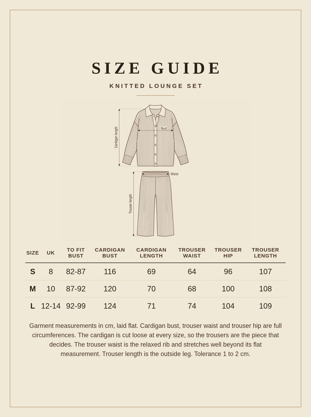 Size guide for the womens knitted lounge set, sizes S to L, UK 8 to 14