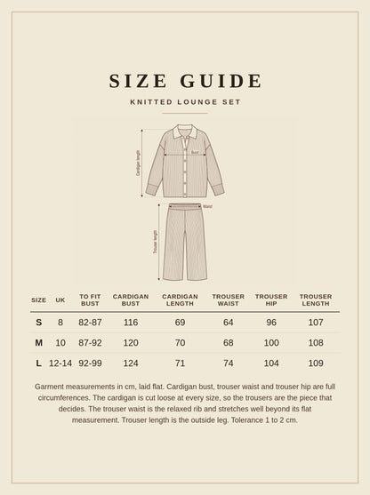 Size guide for the womens knitted lounge set, sizes S to L, UK 8 to 14