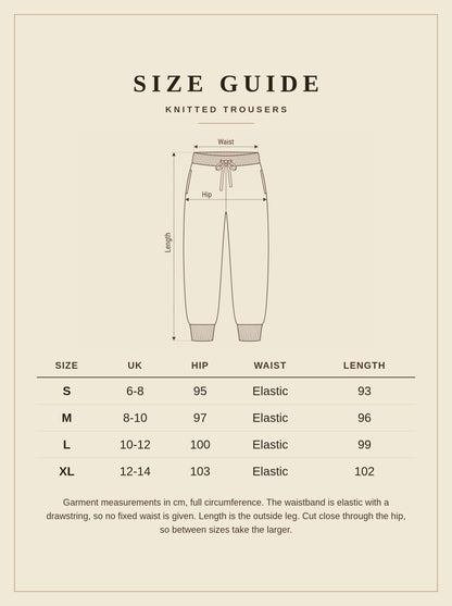 Size guide for the Kingham womens knitted merino wool trousers