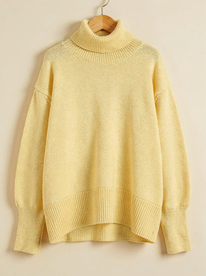 Womens oversized roll neck jumper in butter yellow, chunky soft-touch knit, front view