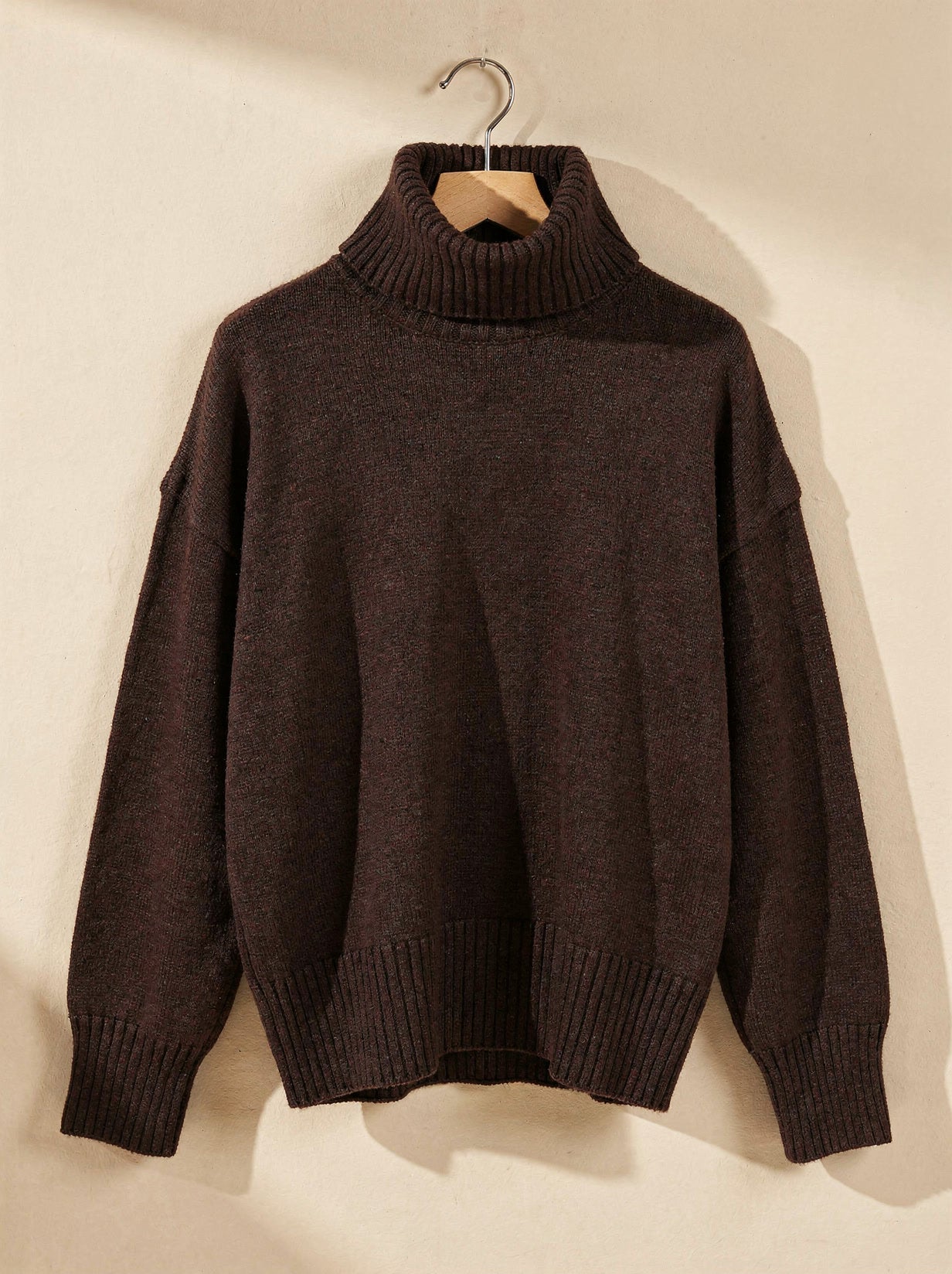 Womens oversized roll neck jumper in chocolate brown, chunky soft-touch knit, front view
