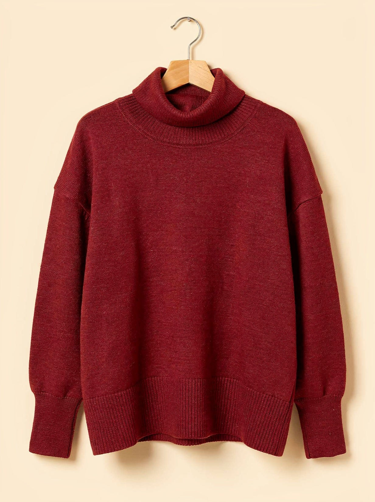 Womens oversized roll neck jumper in wine red, chunky soft-touch knit, front view