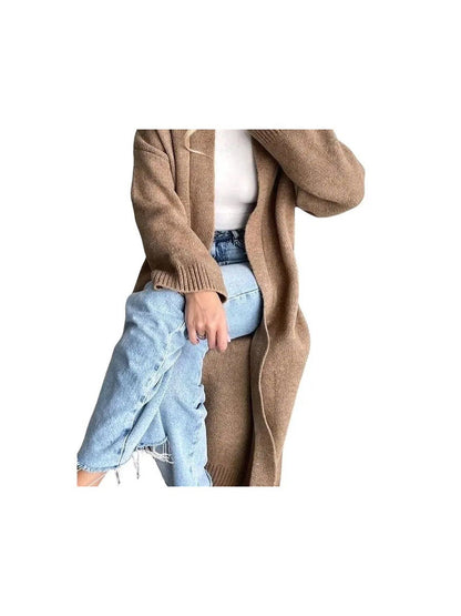 Womens praline chunky knit coatigan worn open over jeans