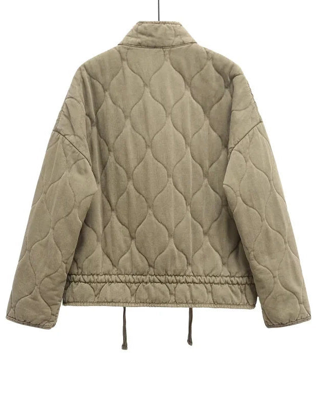 Back view of the washed olive quilted jacket