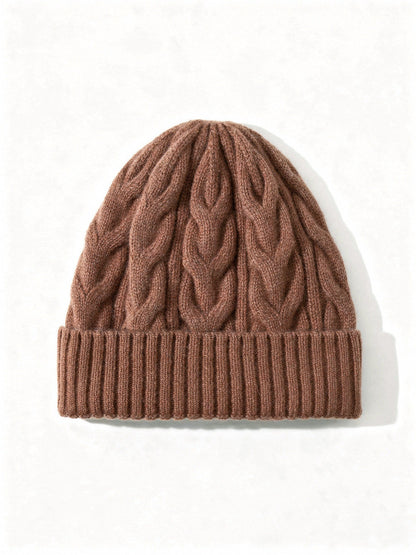 Copper Beech wool hat, cable knit beanie with a wide turn up ribbed cuff