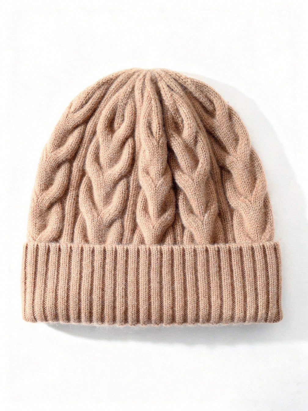 Fallow wool hat, cable knit beanie with a wide turn up ribbed cuff