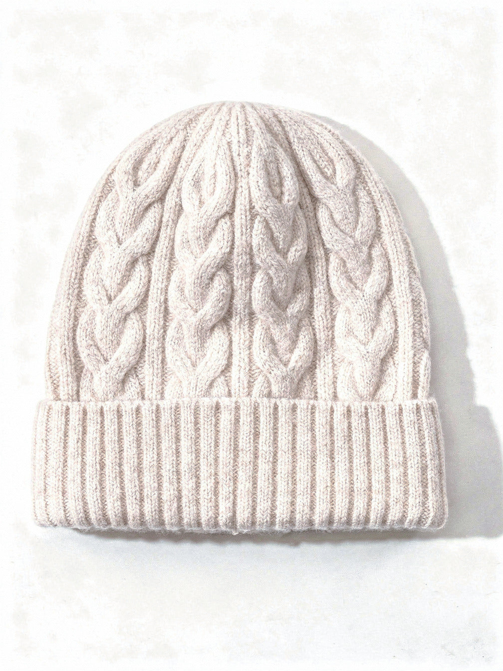 Raw Cream wool hat, cable knit beanie with a wide turn up ribbed cuff