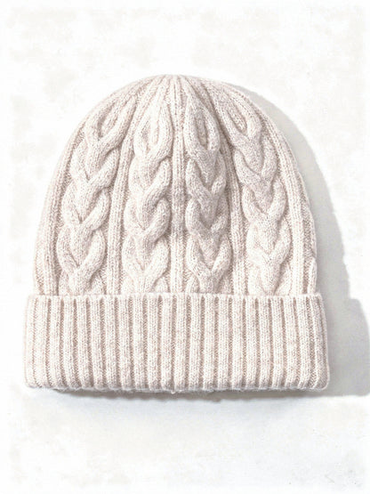 Raw Cream wool hat, cable knit beanie with a wide turn up ribbed cuff