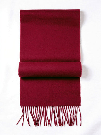 Bordeaux wool pashmina shawl folded flat, deep wine red brushed wool with twisted tassels